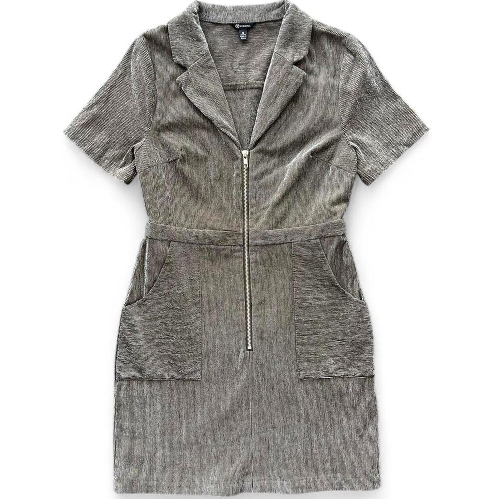 Versona Corduroy Utility Zip Front Mini Dress Tan Beige Small S Short Sleeve